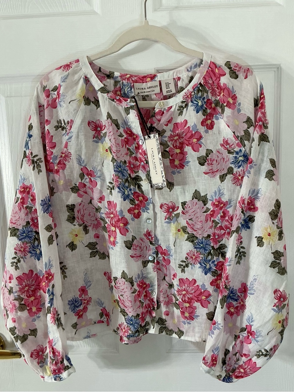 Laura Ashley 100% Linen Floral Balloon Sleeve Blouse Pink Medium NWT
